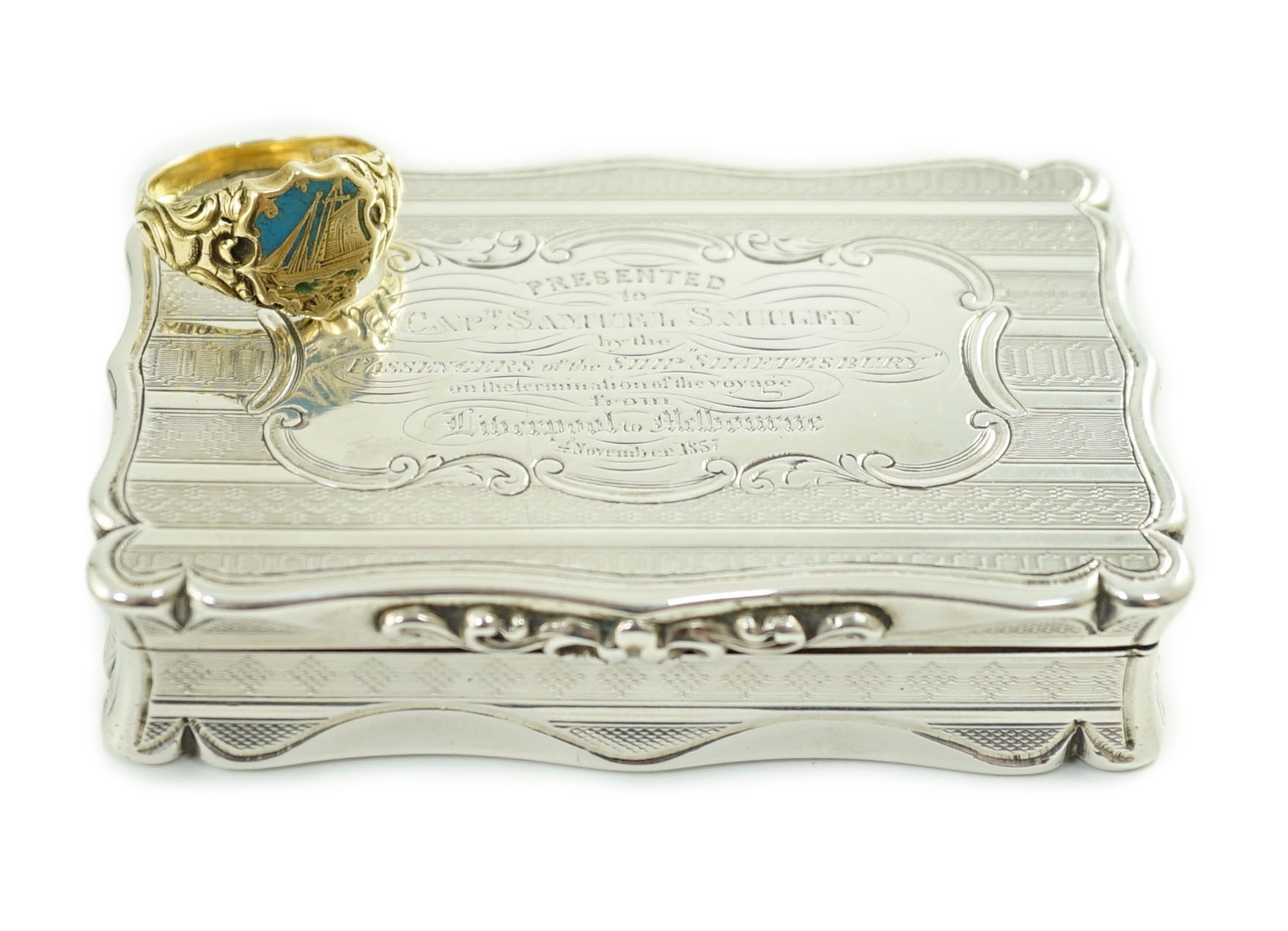 Australian naval interest - A Victorian engraved silver presentation snuff box, inscribed 'Presented to Capt. Samuel Smiley by the Passengers of the Ship Shaftesbury on the Termination of the Voyage from Liverpool to Mel